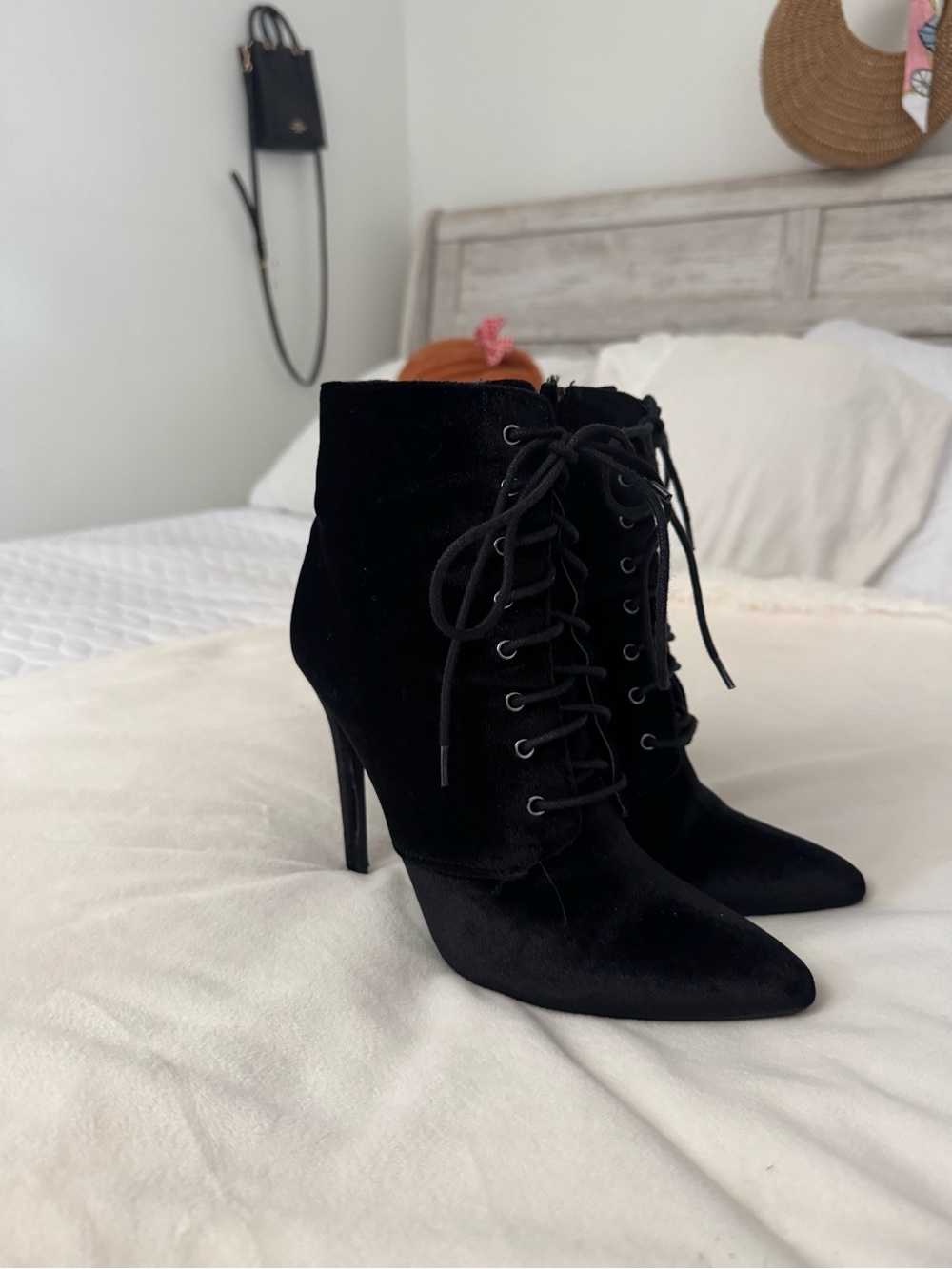 JustFab Black Velvet Lace-Up Stiletto Ankle Boots